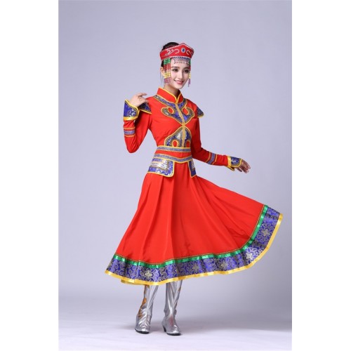Red folk dance cosplay stage performance Dance clothes Costume Mongolian gowns dress Women clothing Mongolia robes clothes